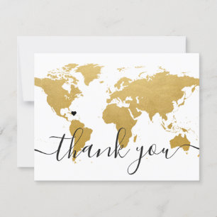 Tarjeta De Agradecimiento Mapa del mundo dorado y foto de boda