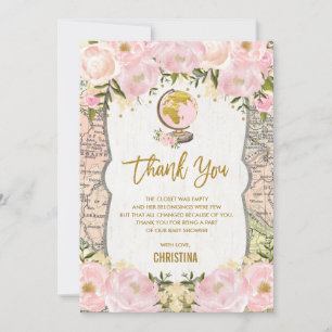 Tarjeta De Agradecimiento Mapa floral Baby Shower del viaje del oro rosado
