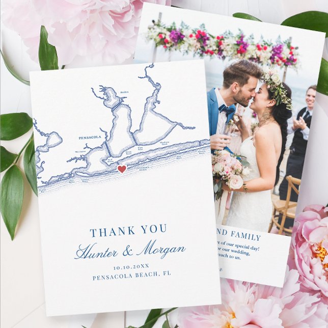 Tarjeta De Agradecimiento Mapa y foto de Pensacola Beach Florida (Pensacola Beach Florida map navy blue wedding thank you cards with photo by Coastal Map Designs)