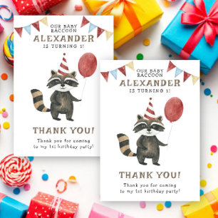 Tarjeta De Agradecimiento Mapache acuarela 1er cumpleaños