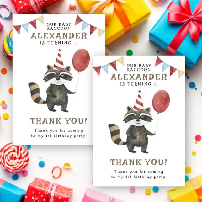 Tarjeta De Agradecimiento Mapache acuarela 1er cumpleaños (Subido por el creador)