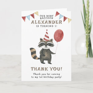 Tarjeta De Agradecimiento Mapache acuarela 1er cumpleaños