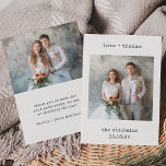 Tarjeta De Agradecimiento Máquina minimalista | Dos Bodas simples fotográfic<br><div class="desc">Estas simples y minimalistas tarjetas de agradecimiento de bodas incluyen dos de tus fotos favoritas de bodas, junto con tus nombres y las palabras "amor gracias" en texto de apariencia de máquina de escribir negro. En la parte trasera de la tarjeta también hay espacio para un mensaje personal de agradecimiento...</div>