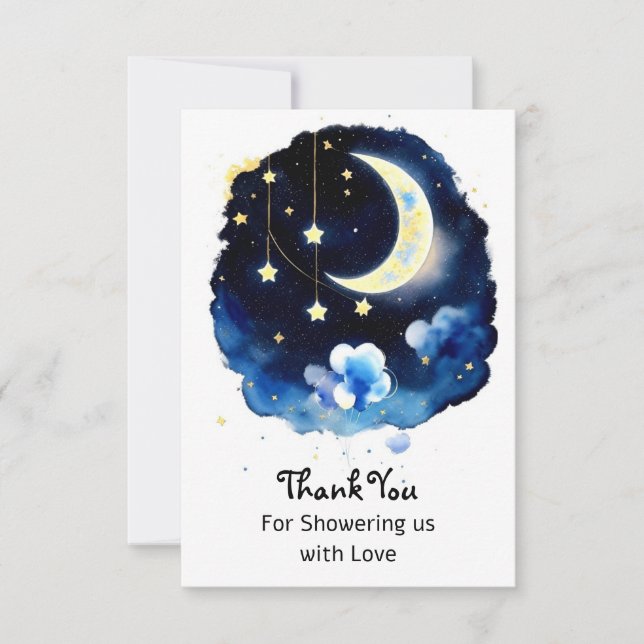 Tarjeta De Agradecimiento Maravillas celestes: Baby Shower Luna y Stars Boy (Anverso)