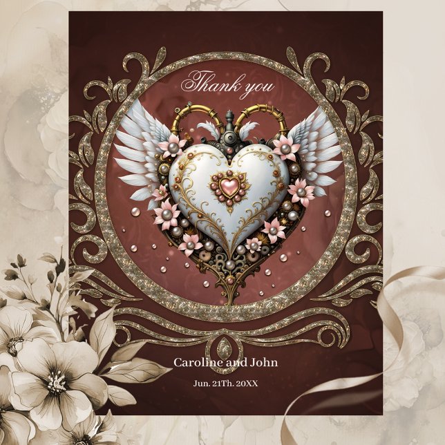 Tarjeta De Agradecimiento Maravilloso corazón noble steampunk con alas. (Heart)