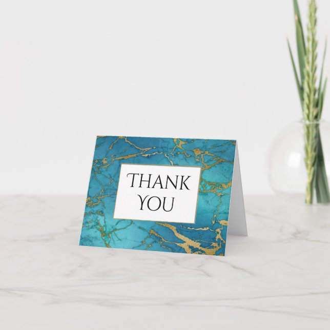 Tarjeta De Agradecimiento Marble de oro azul gracias (Anverso)