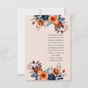 Tarjeta De Agradecimiento Marcador de Naranja quemado y Boda azul