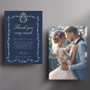 Tarjeta De Agradecimiento Marco Clásico Francés Moderno Foto de Boda Azul Ma