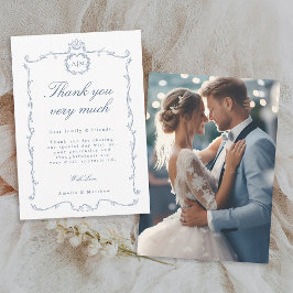 Tarjeta De Agradecimiento Marco Clásico Moderno Francés Foto de Boda Azul