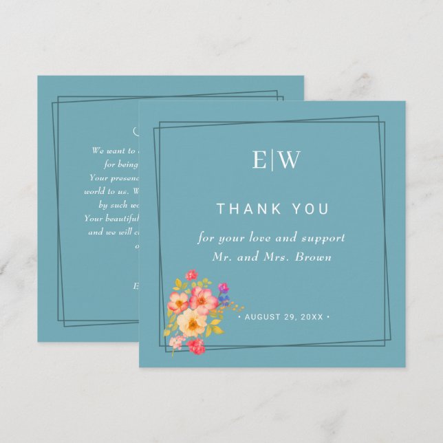 Tarjeta De Agradecimiento Marco con Rosas, estilo Boda sobre azul retro (Anverso / Reverso)