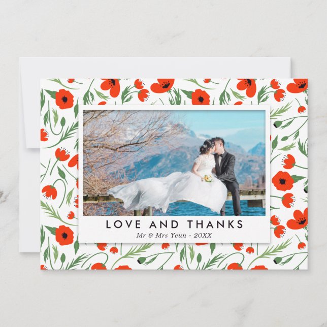 Tarjeta De Agradecimiento Marco de amapola roja - Foto Boda Gracias (Anverso)