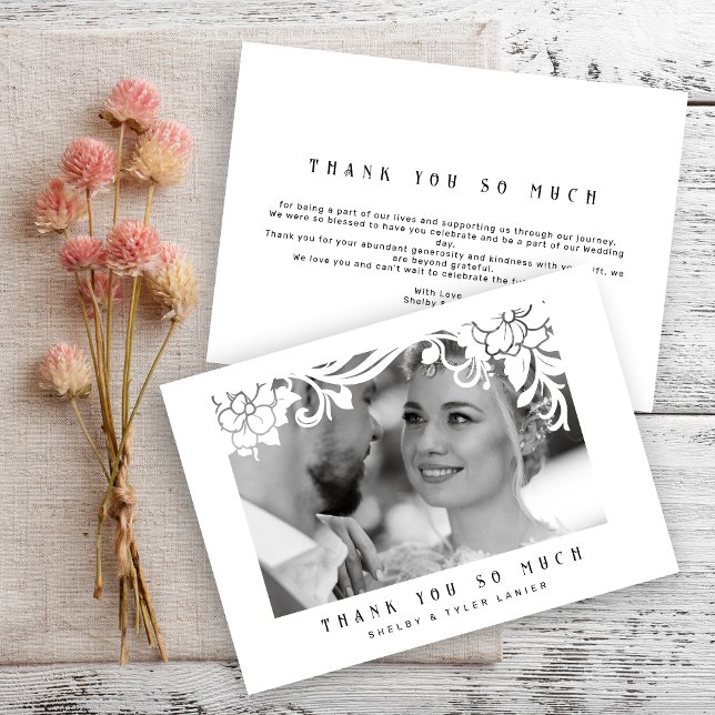 Tarjeta De Agradecimiento Marco de foto vintage blanco adorno retro boda (White Vintage Retro Ornament Frame Photo Wedding Thank You Card with Envelope.)