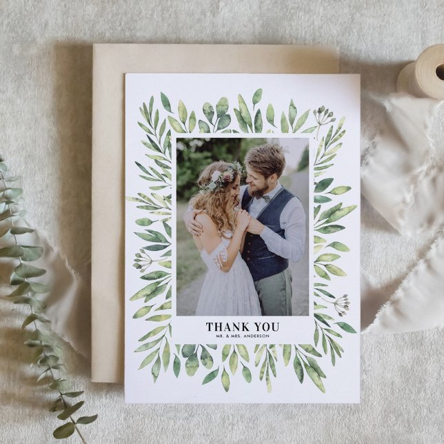 Tarjeta De Agradecimiento Marco de Fotografía de Boda con Vegetación Acuarel (Subido por el creador)