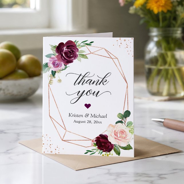 Tarjeta De Agradecimiento Marco dorado geométrico moderno de flores moradas (Subido por el creador)