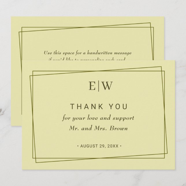 Tarjeta De Agradecimiento Marco elegante en boda de monograma amarillo celes (Anverso / Reverso)