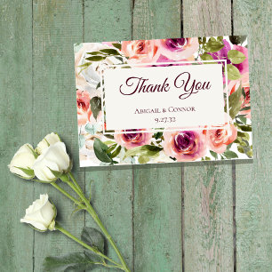 Tarjeta De Agradecimiento Marco floral elegante Rubor rosa morado color blan