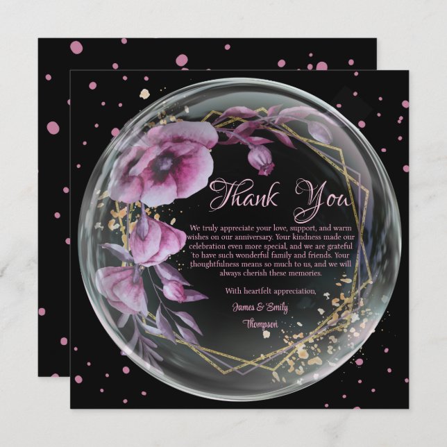 Tarjeta De Agradecimiento Marco floral púrpura y negro para aniversario de b (Anverso / Reverso)