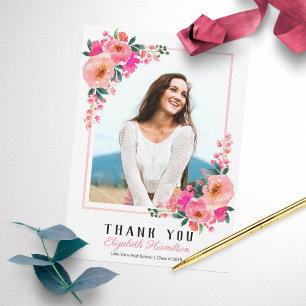 Tarjeta De Agradecimiento Marco Floral Rosa Foto de Graduación Agradecimient