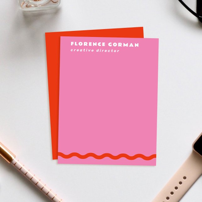 Tarjeta De Agradecimiento Marco ondulado rojo y rosado oscuro Personal (hot fuchsia pink personal stationery note cards with wavy red line)