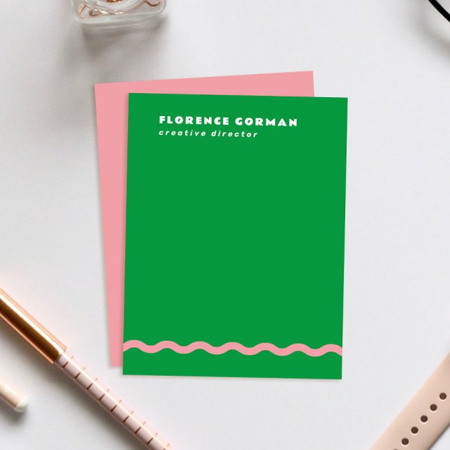 Tarjeta De Agradecimiento Marco ondulado verde brillante y rosa personal (bright Kelly green personal stationery note cards with rose pink backer and wavy line detail)