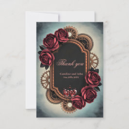 Tarjeta De Agradecimiento Marco Steampunk con rosas y engranajes rojos