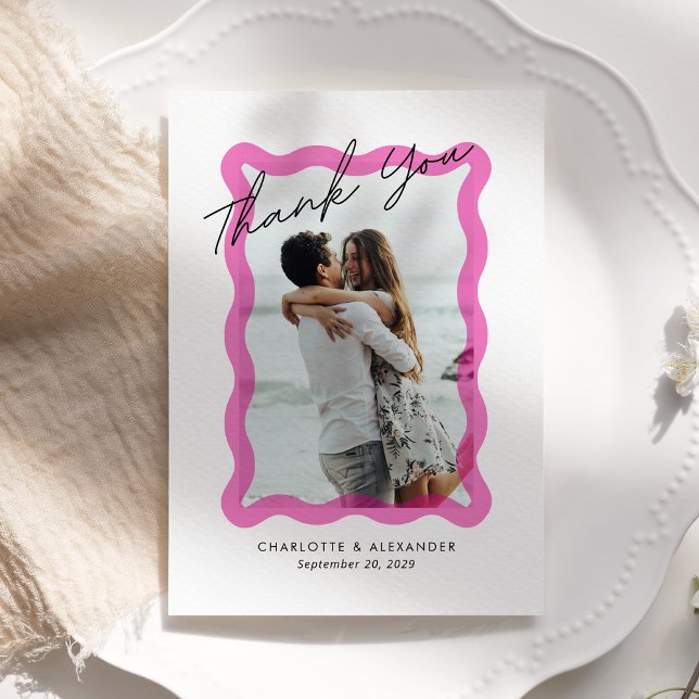 Tarjeta De Agradecimiento Marco transparente ondulado rosado moderno, boda f (Subido por el creador)