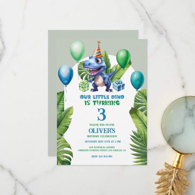 Tarjeta De Agradecimiento Marco tropical de Dino de cumpleaños azul lindo (Anverso/Reverso In Situ)
