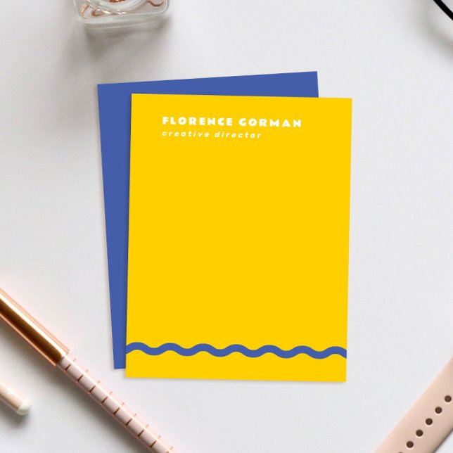 Tarjeta De Agradecimiento Marco violeta amarillo y azul soleado personal (sunny yellow personal stationery note cards with dark violet blue backer and wavy line detail)