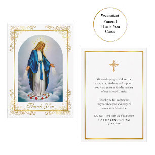 Tarjeta De Agradecimiento Marcos Elegantes de Oro Virgen María Rosas Funeral
