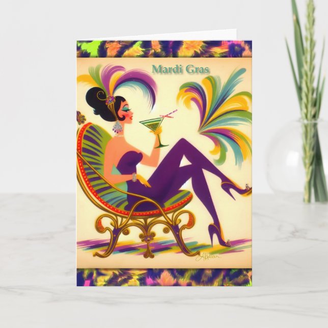 Tarjeta De Agradecimiento Mardi Gras Martini de mediados de siglo retro 60 (Anverso)