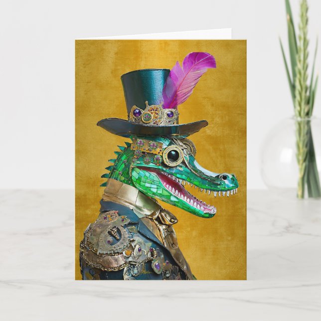 Tarjeta De Agradecimiento Mardi Gras Steampunk Fiesta Animal Alligator (Anverso)