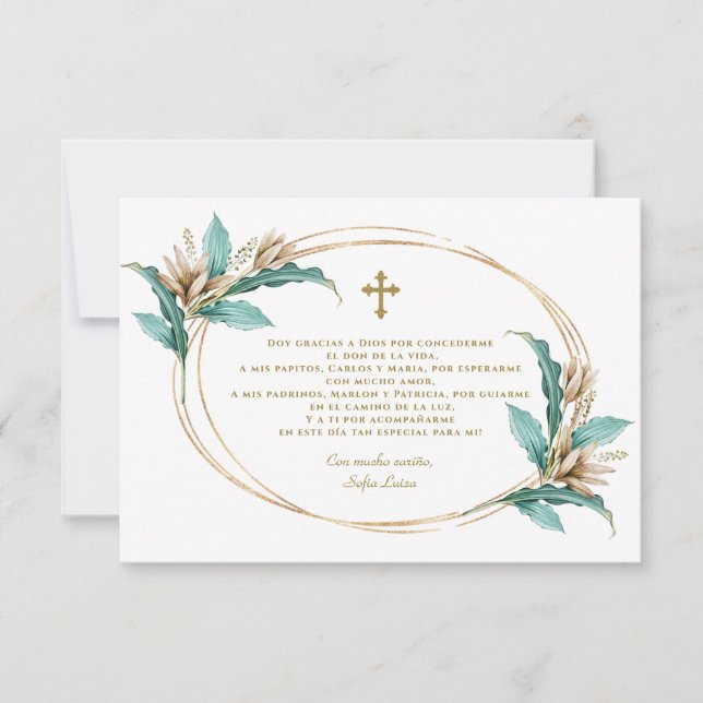 Tarjeta De Agradecimiento Marfil Mint Floral Gracias Con Oración Bautizo (Anverso)