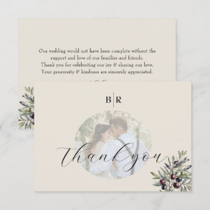 Tarjeta De Agradecimiento Marfil Oliva Foto Monograma Boda
