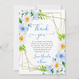 Tarjeta De Agradecimiento Margaritas acuarela flores azules marco boda