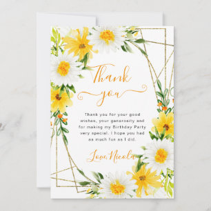 Tarjeta De Agradecimiento Margaritas y flores amarillas Cumpleaños marco dor