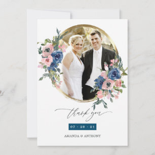 Tarjeta De Agradecimiento Marina acuarela y foto de Boda floral de Rubor