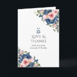 Tarjeta De Agradecimiento Marina acuarela y Rubor Floral Bat Mitzvah Foto<br><div class="desc">El murciélago floral color rosa y azul marino mitzvah foto gracias tarjetas con personalizable de marco dorado a los detalles del evento.</div>