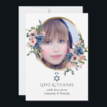Tarjeta De Agradecimiento Marina acuarela y Rubor Floral Bat Mitzvah Foto<br><div class="desc">mitzvah murciélago floral color rosa y azul marino a la moda gracias a las tarjetas con personalizable de marco dorado a los detalles de su evento.</div>