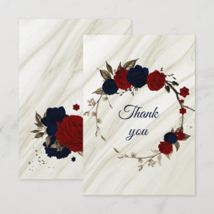 Tarjeta De Agradecimiento marina elegante y flores rojas botánicas