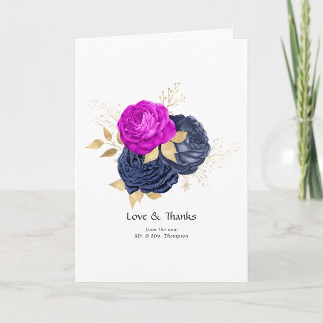 Tarjeta De Agradecimiento Marina Magenta y Boda floral de oro (Anverso)