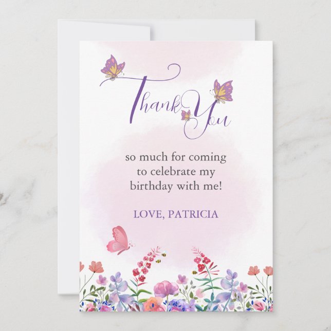 Tarjeta De Agradecimiento Mariposa acuarela y flor violeta de abejas (Anverso)