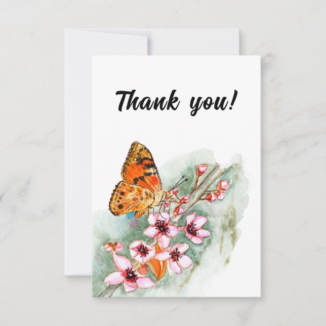 Tarjeta De Agradecimiento Mariposa acuarela y flores rosadas. Chica floral (Anverso)