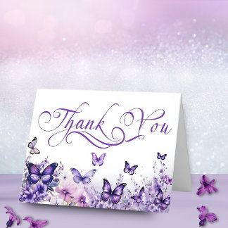 Tarjeta De Agradecimiento Mariposa Baby Shower Elegant Purple Floral