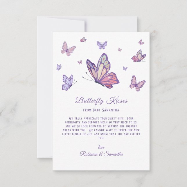 Tarjeta De Agradecimiento Mariposa besa Baby Shower morado (Anverso)