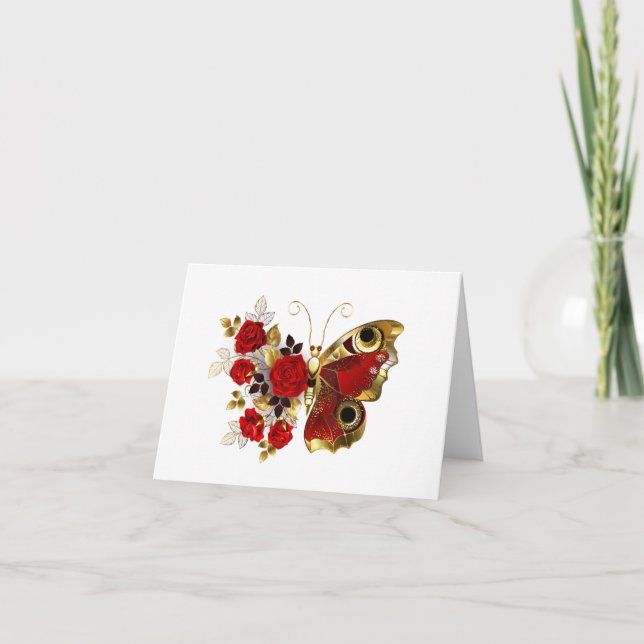 Tarjeta De Agradecimiento Mariposa de flor roja con rosas rojas (Anverso)