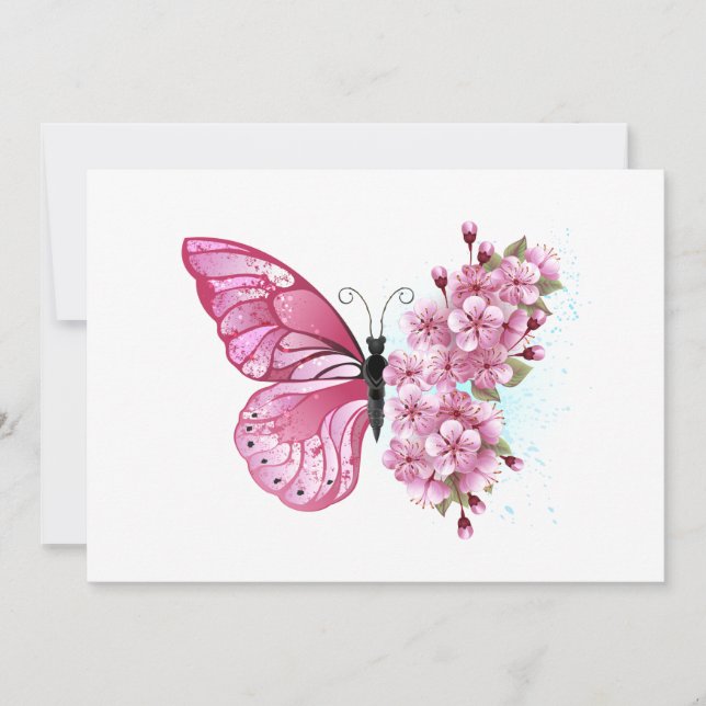 Tarjeta De Agradecimiento Mariposa de flores con Sakura rosa (Anverso)