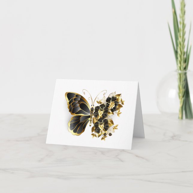 Tarjeta De Agradecimiento Mariposa de flores de oro con orquídea negra (Anverso)