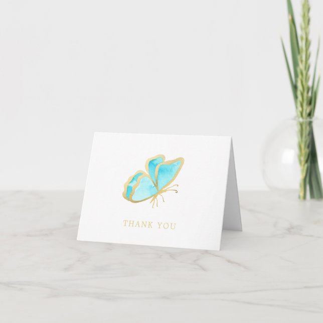 Tarjeta De Agradecimiento Mariposa elegante azul y dorada (Anverso)