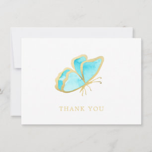 Tarjeta De Agradecimiento Mariposa elegante simple azul y dorada