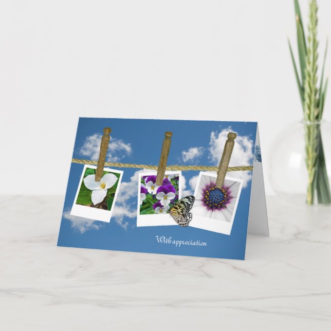 Tarjeta De Agradecimiento mariposa en fotos florales en tela (Anverso)